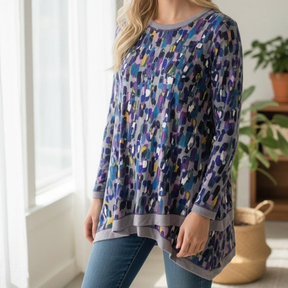 LOGO Crossover Hem Tunic Womens Medium Purple Print Long Sleeve Longline Top